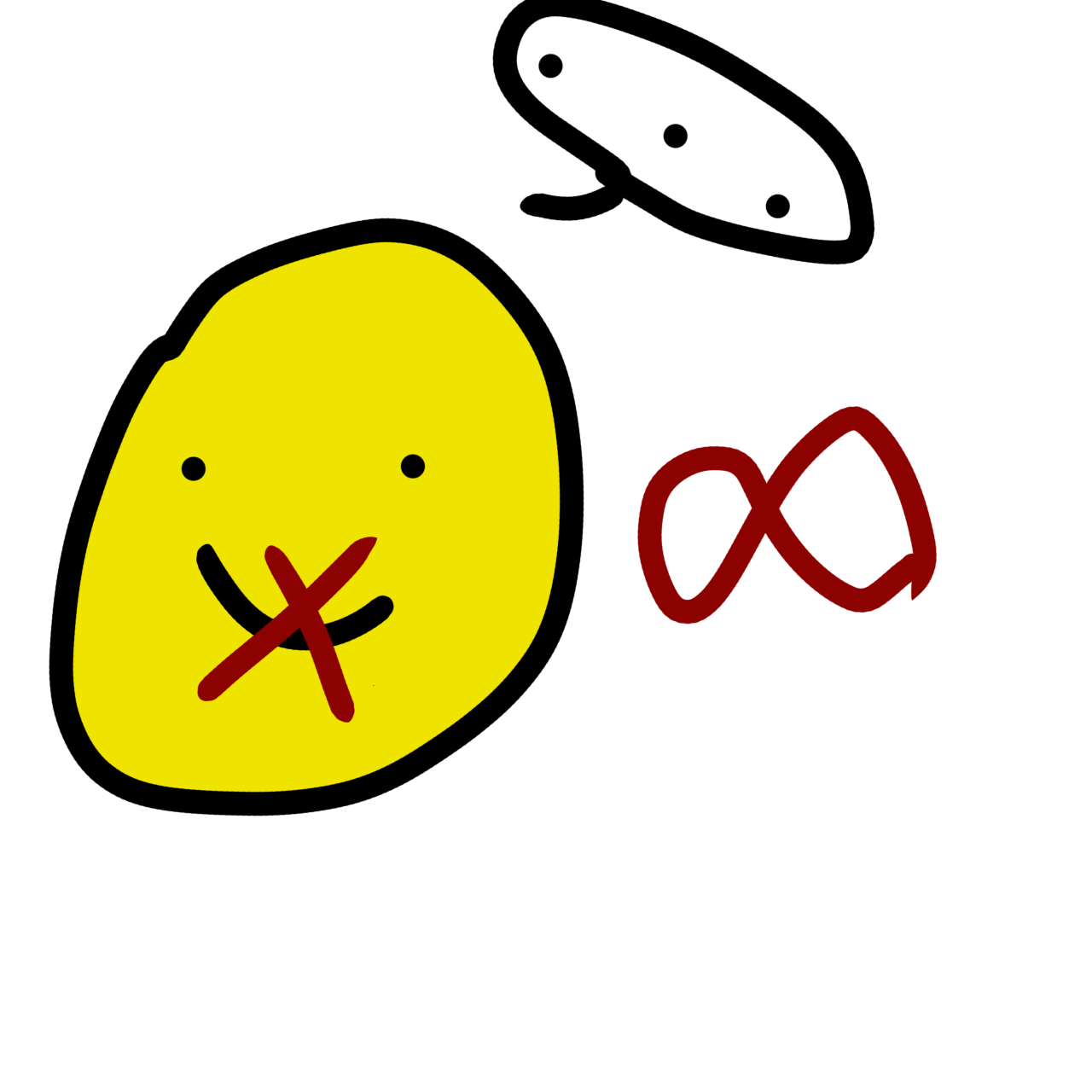 a yellow smiley face with an X over their mouth and a speech bubble with an ellipses in it. There’s a red infinity sign next to them.